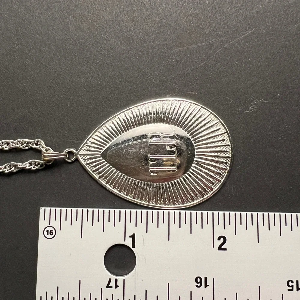Vintage Coro Pegasus Monogram Pendant Necklace Silver Tone Teardrop Textured TLR